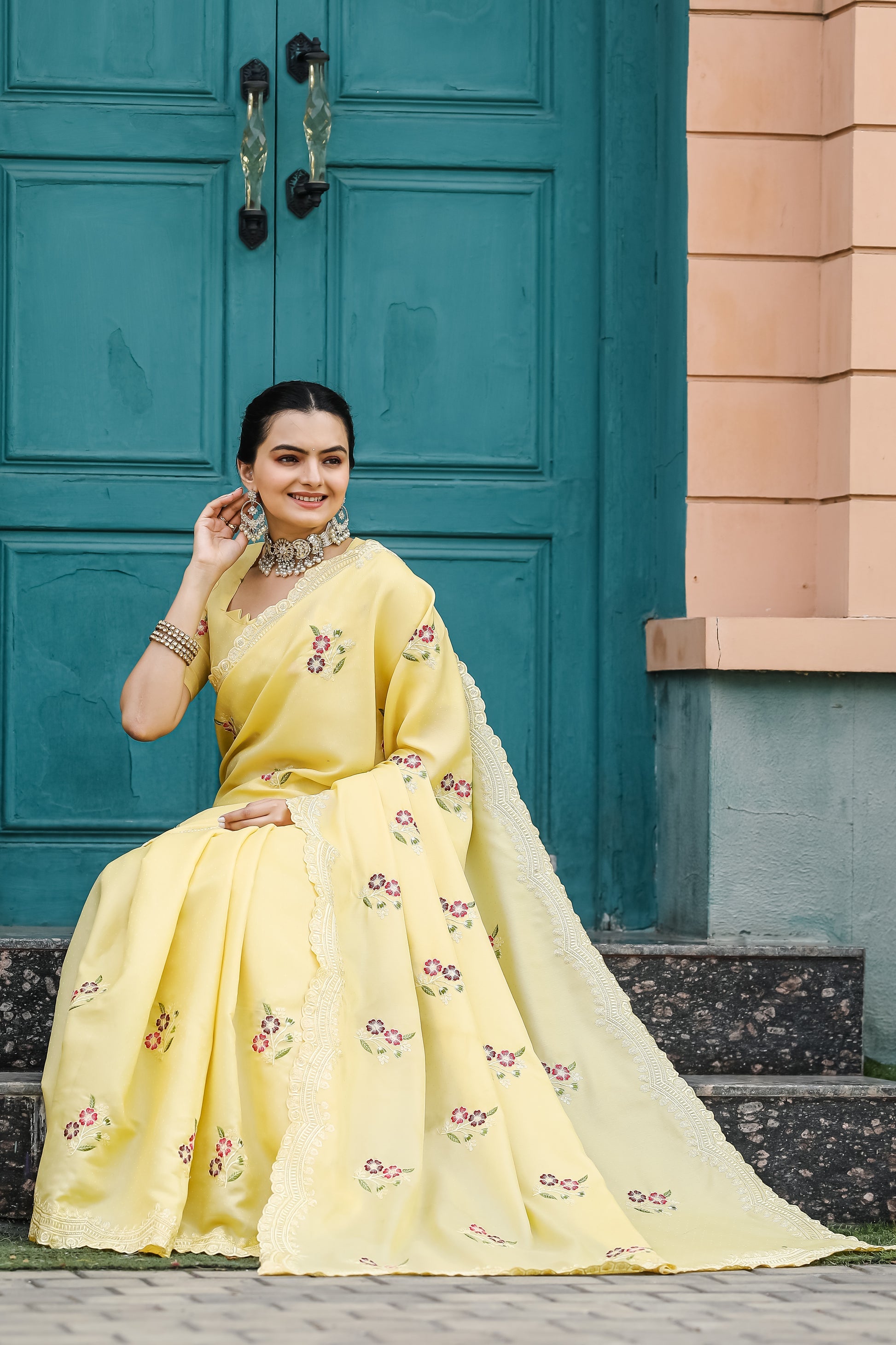 Buy MySilkLove Pale Canary Yellow Embroidery Tussar Cotton Saree Online