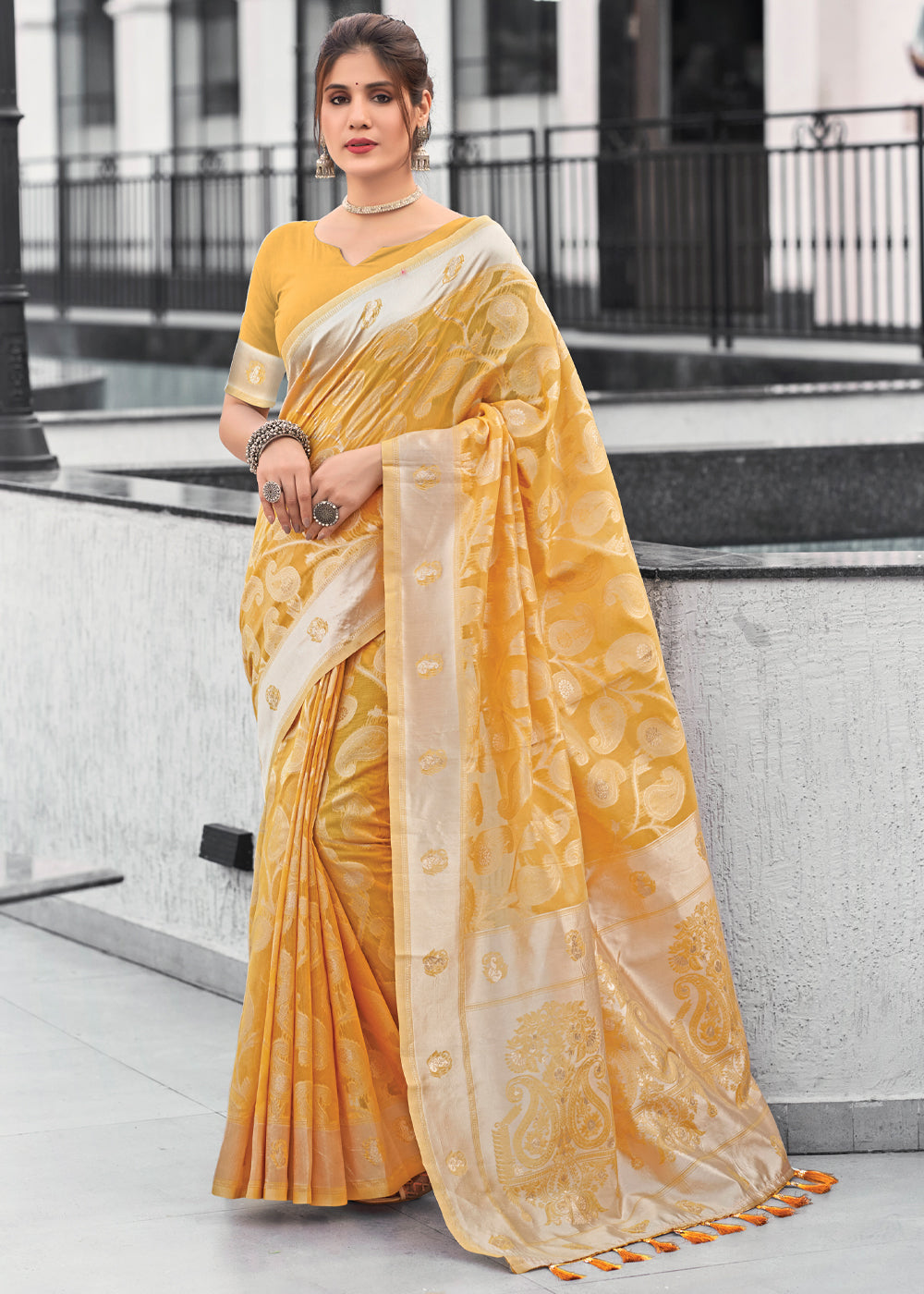 Buy MySilkLove Sunset Yellow Lucknowi Linen Cotton Saree Online