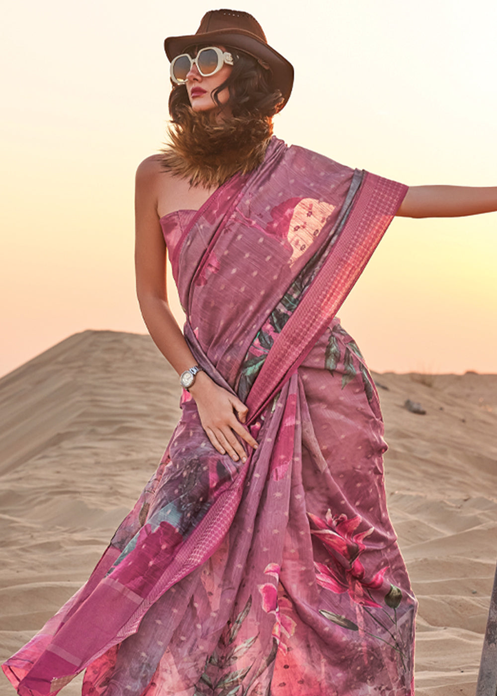 Buy MySilkLove Rose Dust Purple Woven Linen Saree Online