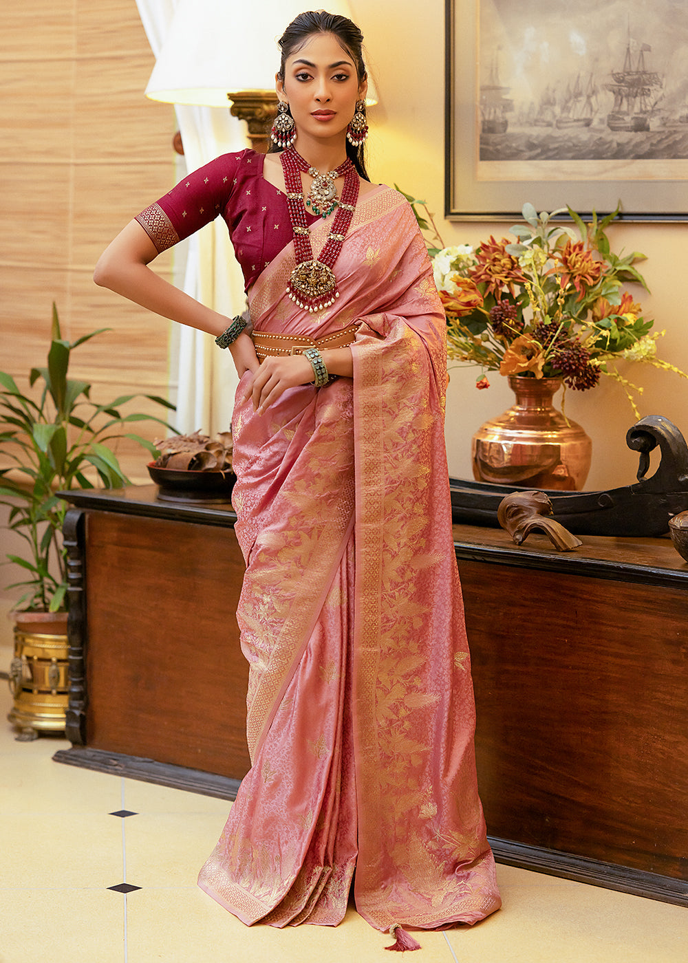 Buy MySilkLove Sea Pink Woven Satin Silk Saree Online