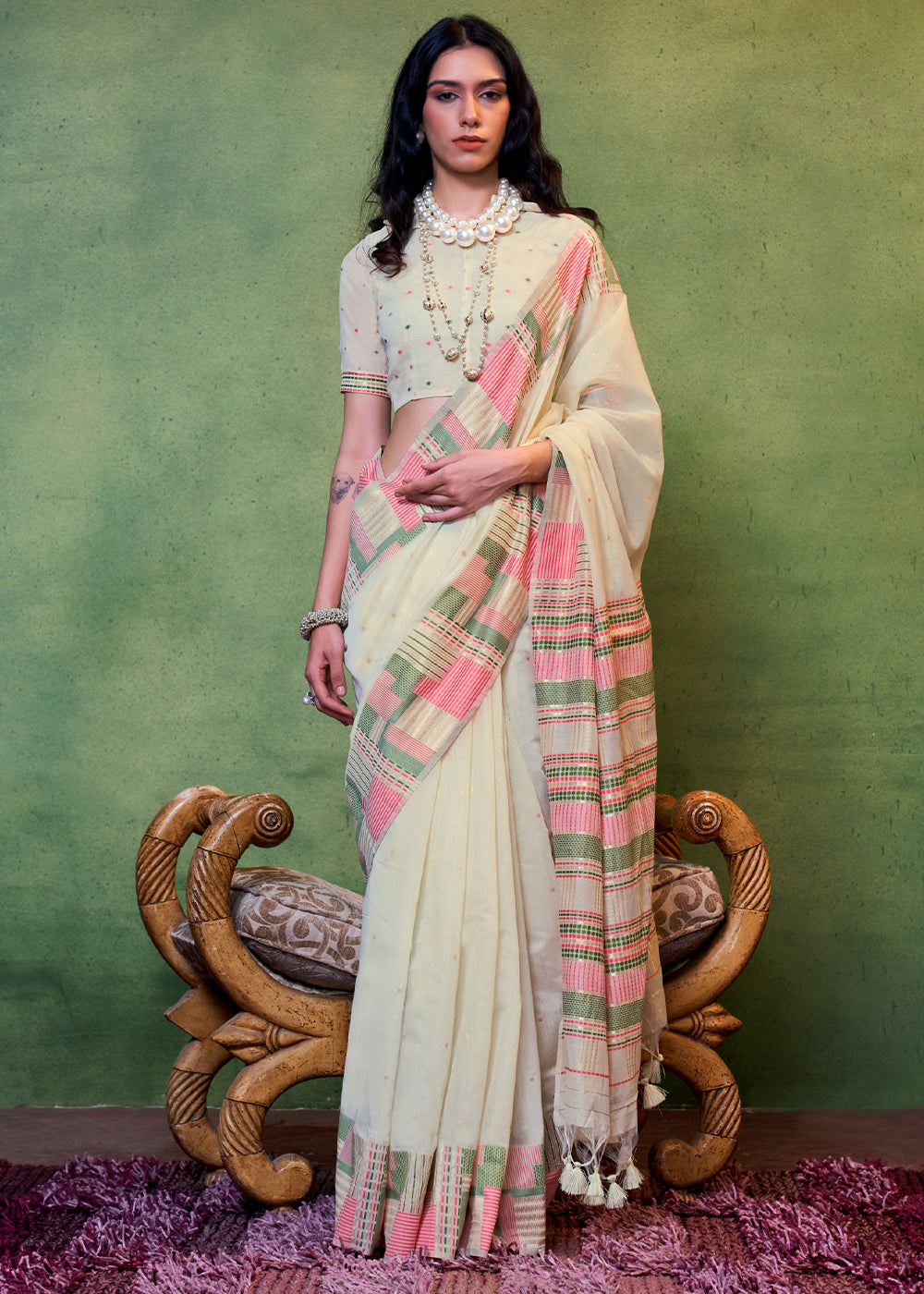 Buy MySilkLove Rum Swizzle Cream Handloom Cotton Silk Saree Online