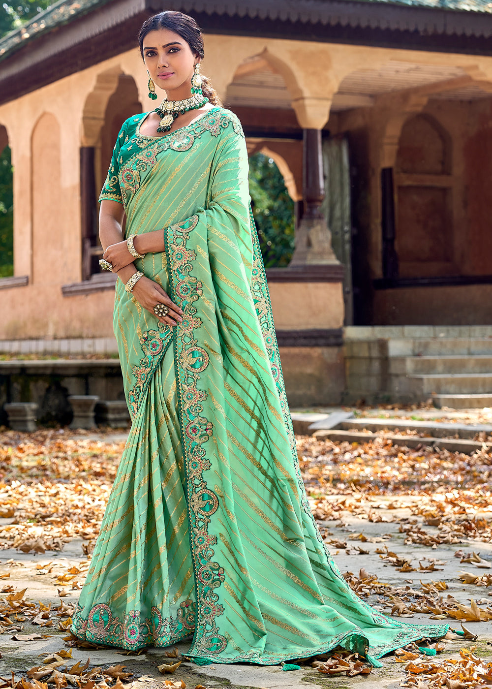 Buy MySilkLove Pista Green Woven Designer Banarasi Embroidered Silk Saree Online