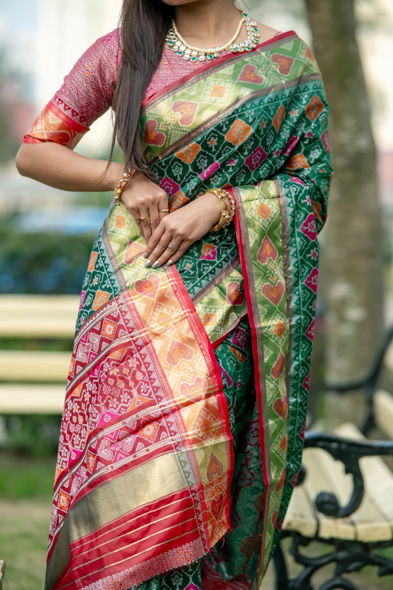 Buy MySilkLove Stromboli Green Banarasi Silk Patola Saree Online