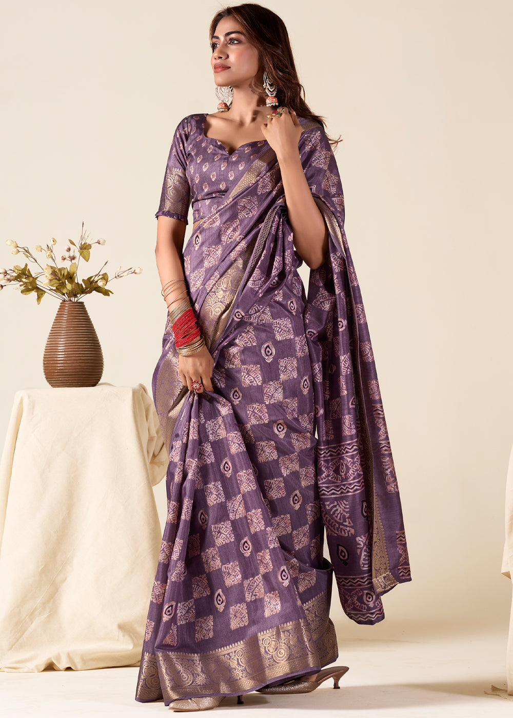 Buy MySilkLove Eggplant Purple Banarasi Printed Soft Silk Saree Online