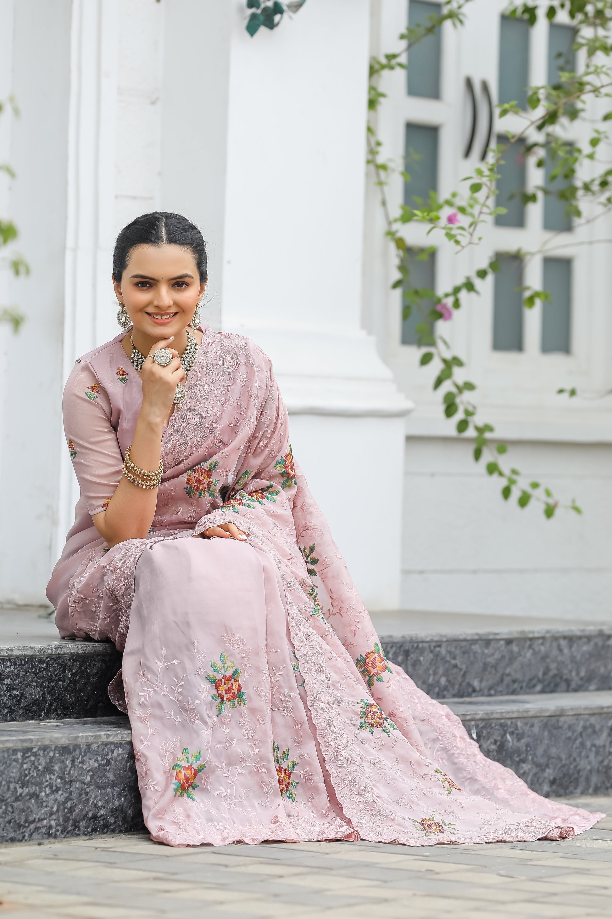 Buy MySilkLove Romantic Peach Embroidered Chiffon Silk Saree Online