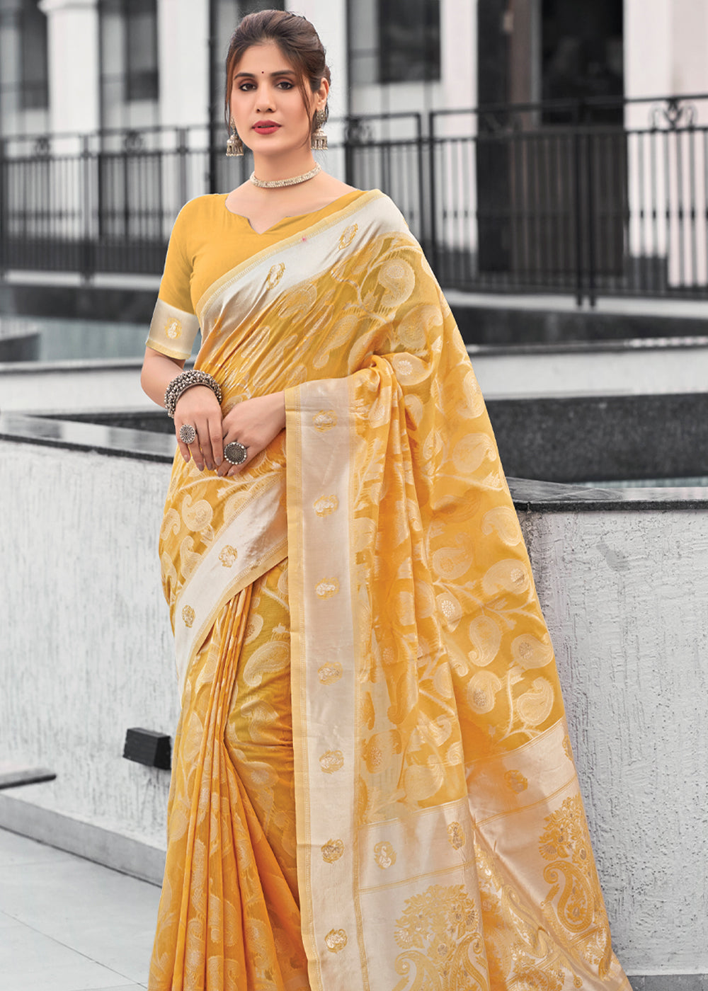 Buy MySilkLove Sunset Yellow Lucknowi Linen Cotton Saree Online