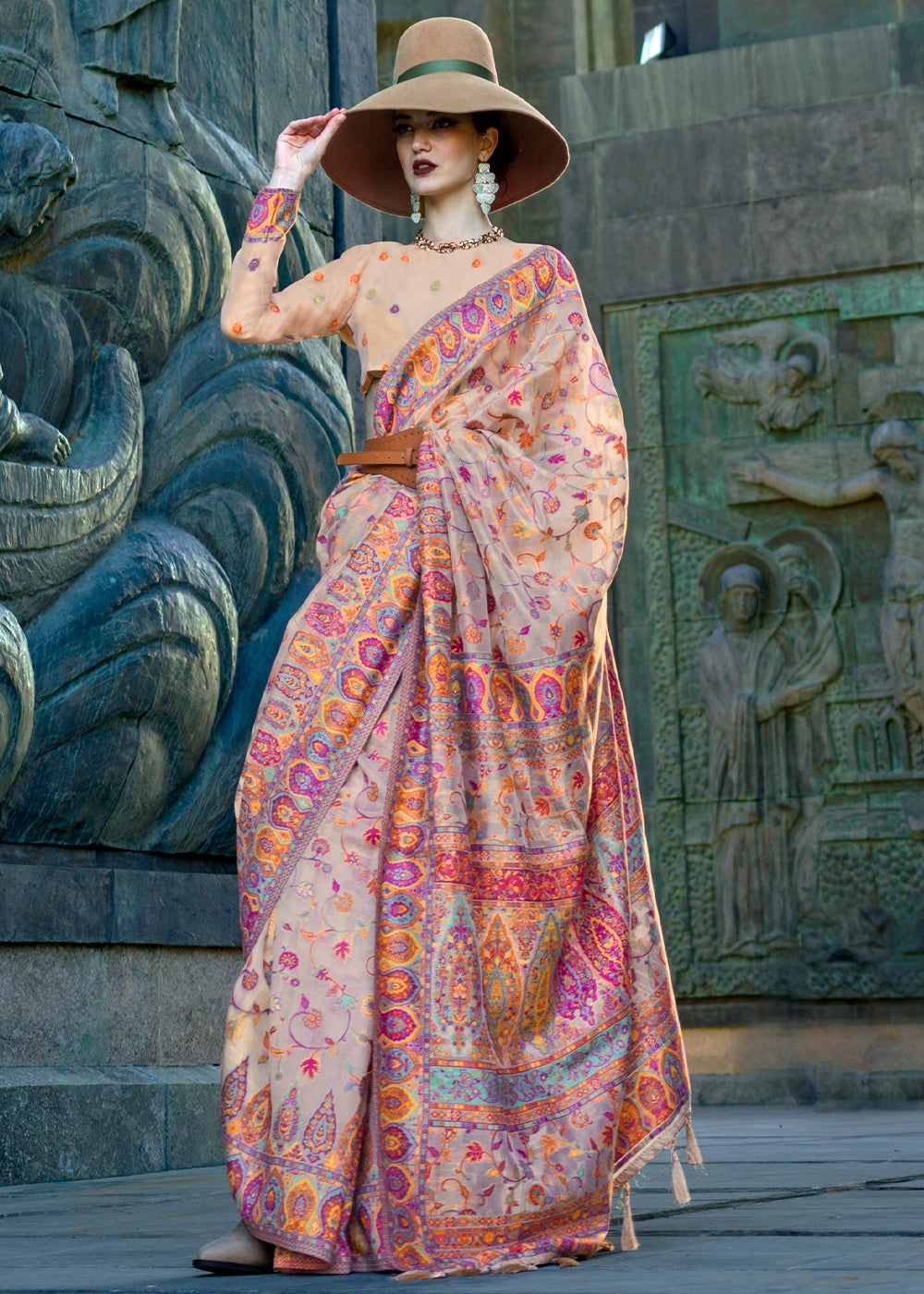 Buy MySilkLove Cosmos Pink Jamawar Woven Organza Silk Saree Online