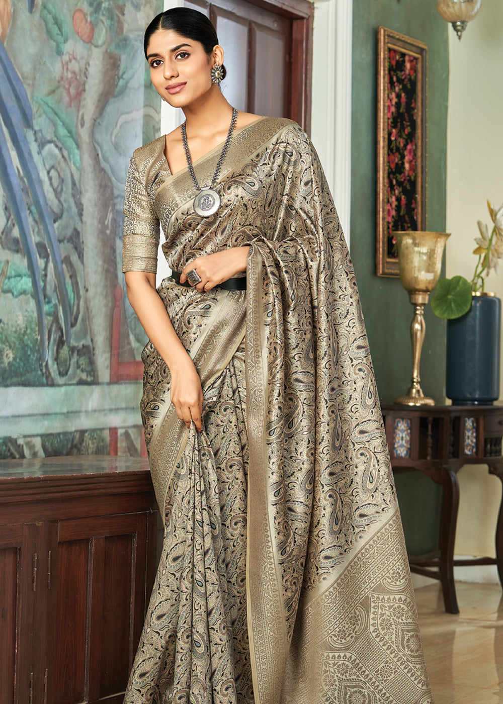 Buy MySilkLove Cement Grey and Brown Woven Banarasi Satin Silk Saree Online