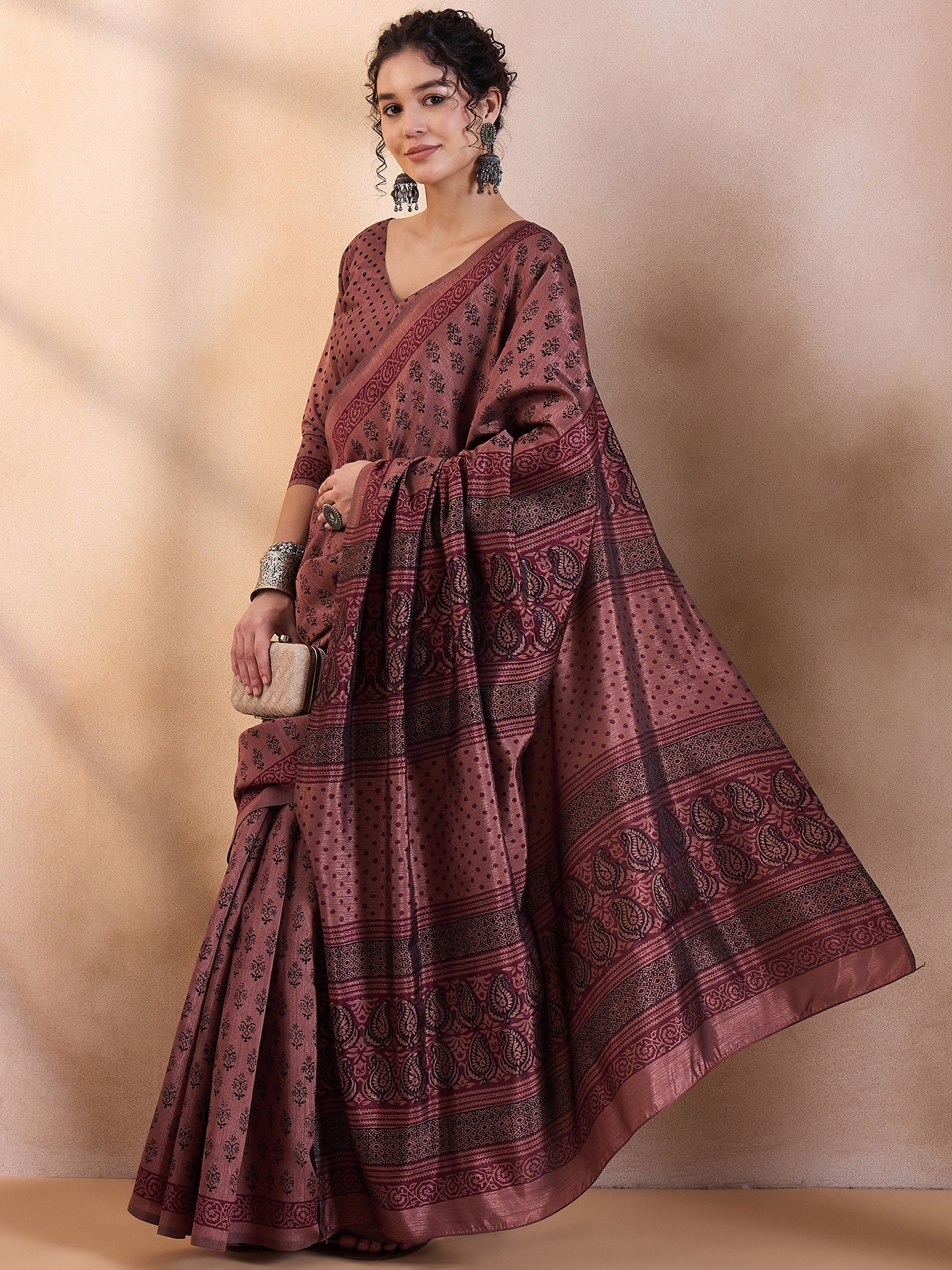 Buy MySilkLove Coffee Brown Printed Dola Silk Saree Online