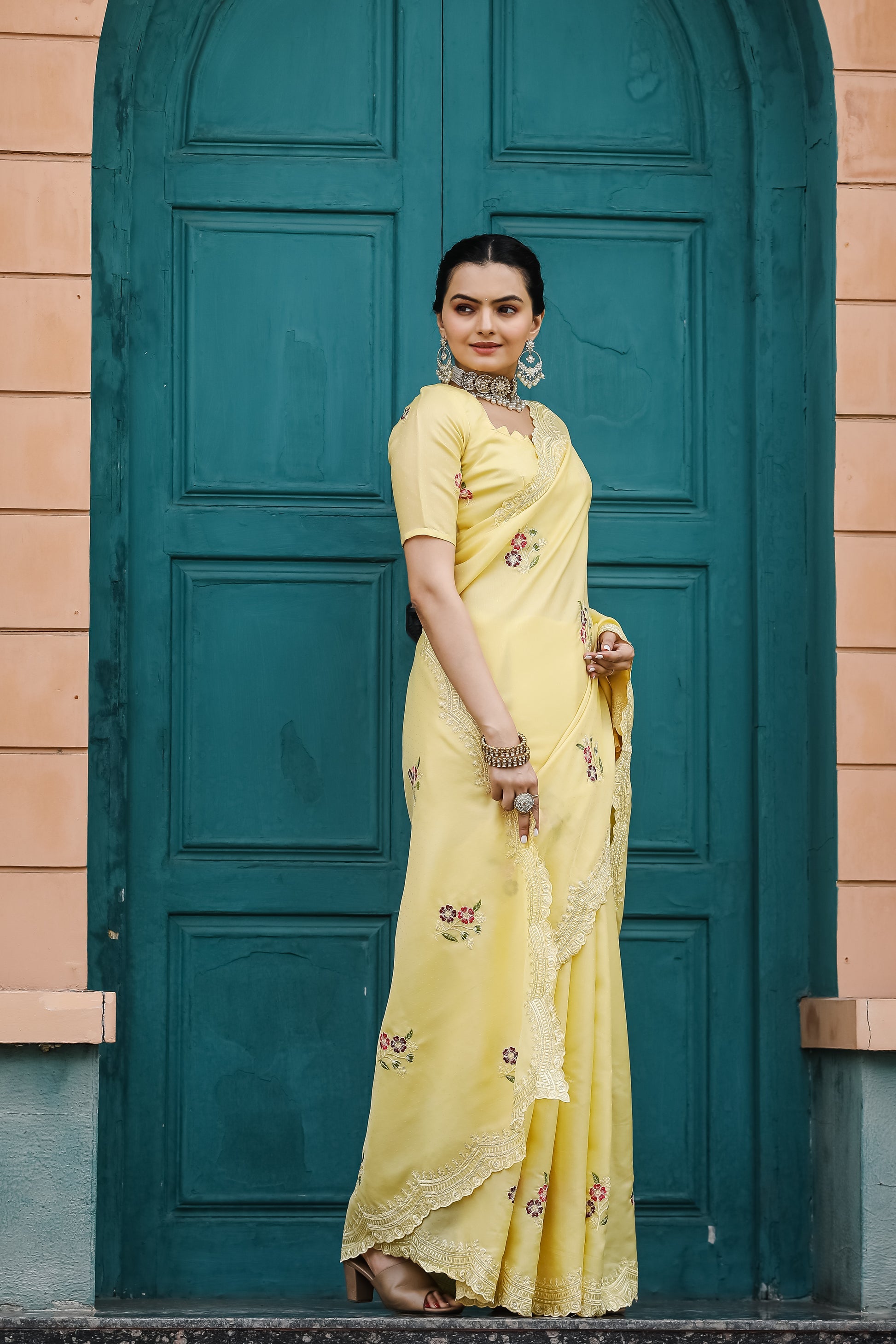 Buy MySilkLove Pale Canary Yellow Embroidery Tussar Cotton Saree Online