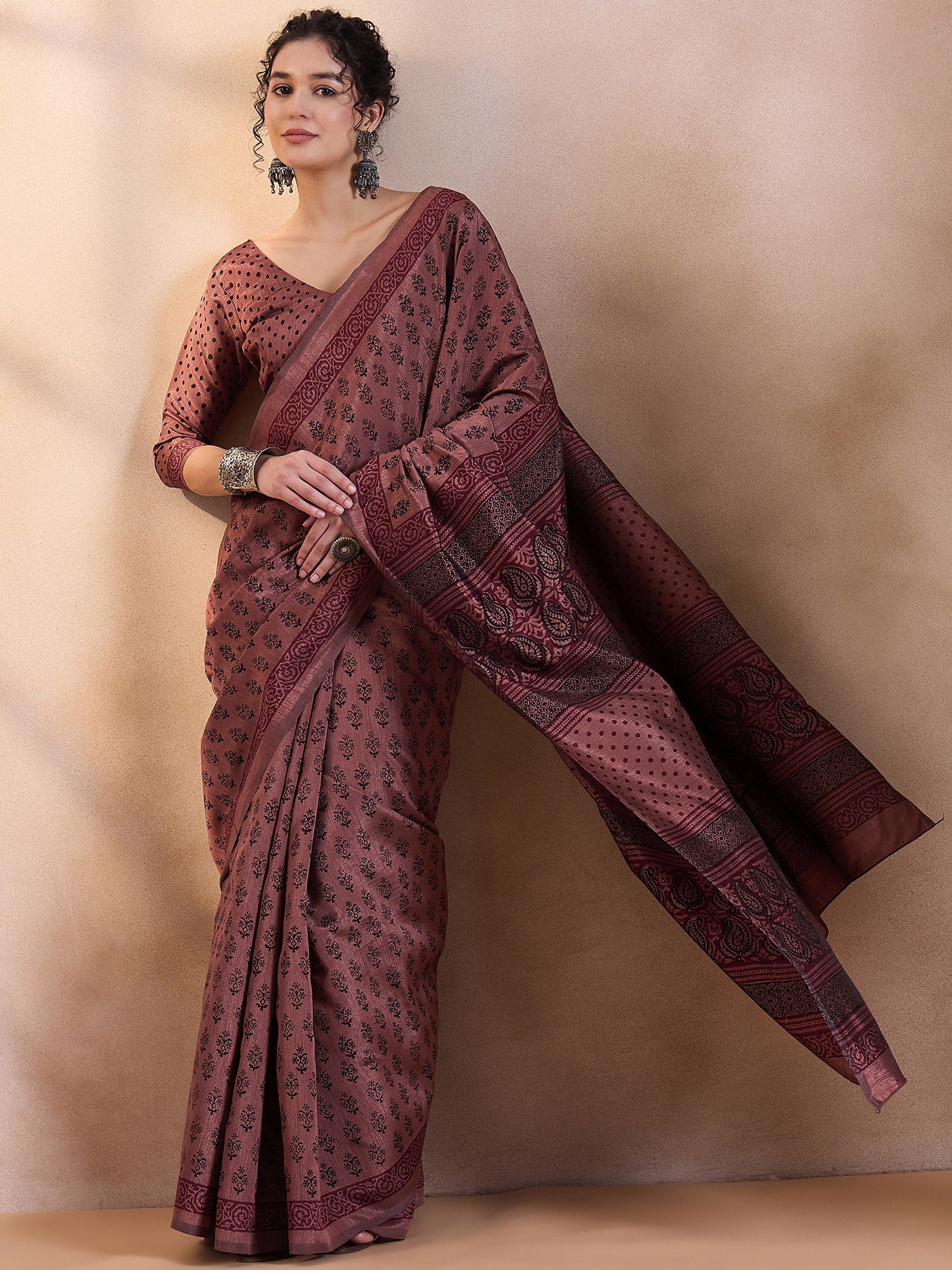 Buy MySilkLove Coffee Brown Printed Dola Silk Saree Online