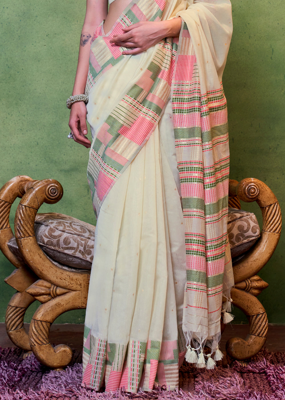 Buy MySilkLove Rum Swizzle Cream Handloom Cotton Silk Saree Online