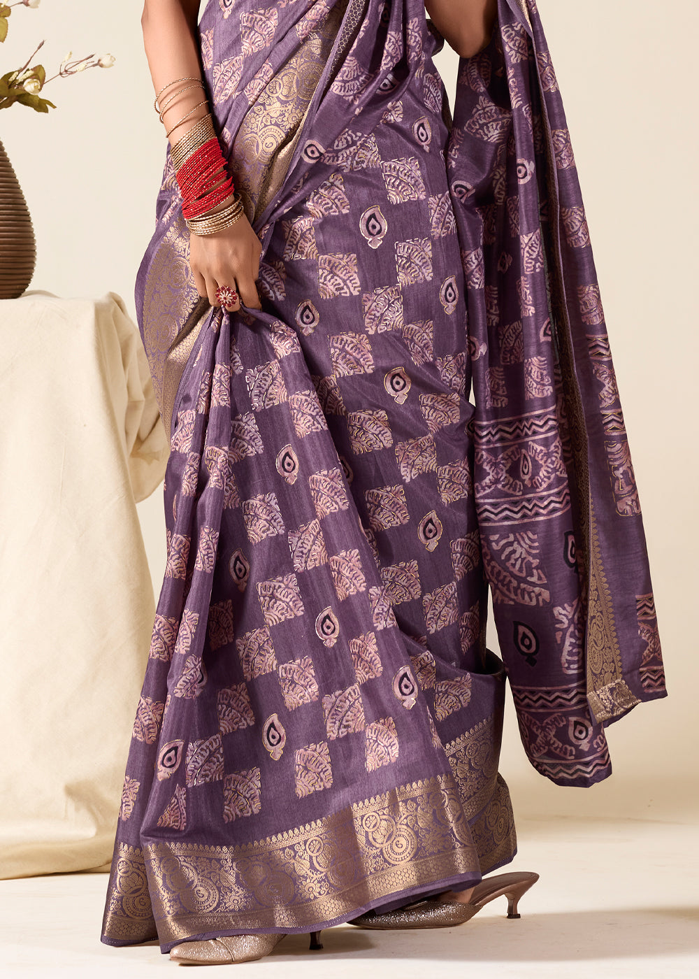 Buy MySilkLove Eggplant Purple Banarasi Printed Soft Silk Saree Online