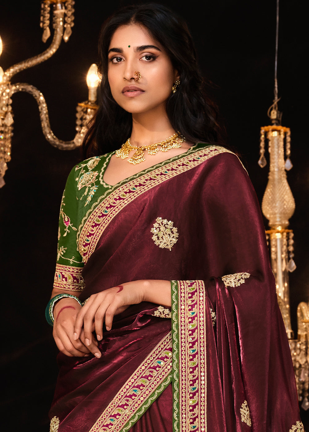 Buy MySilkLove Sanguine Brown Embroidered Designer Satin Silk Saree Online