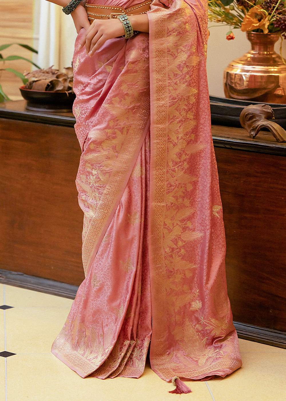 Buy MySilkLove Sea Pink Woven Satin Silk Saree Online