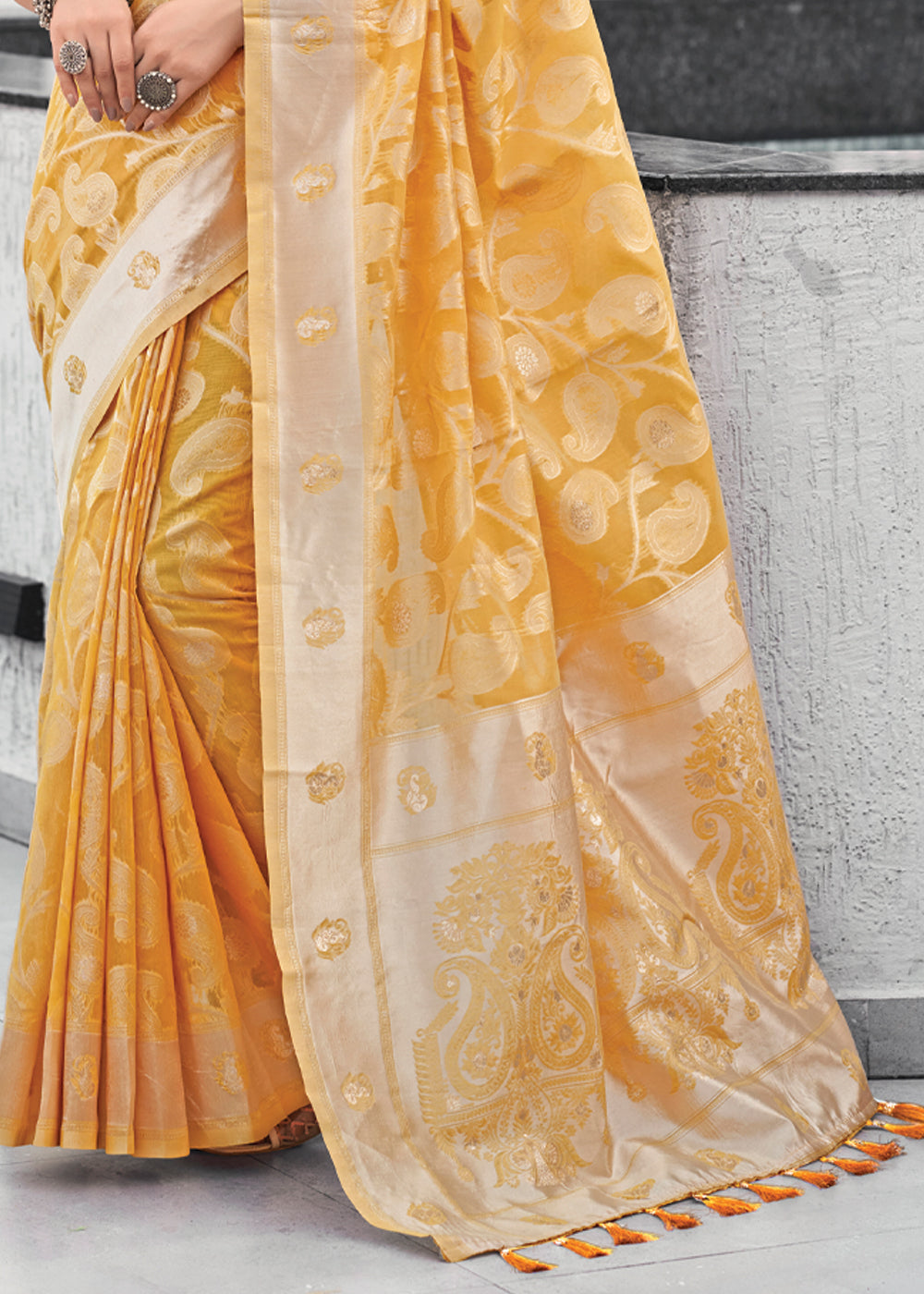 Buy MySilkLove Sunset Yellow Lucknowi Linen Cotton Saree Online