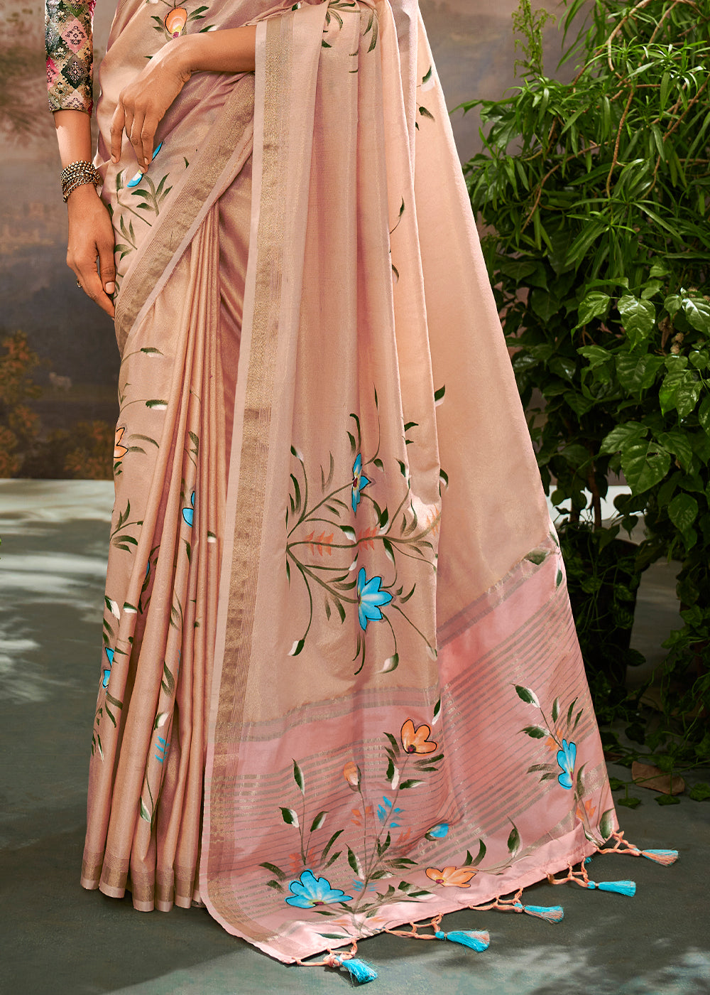 Buy MySilkLove Carnival Pink Hand Painted Linen Silk Saree Online