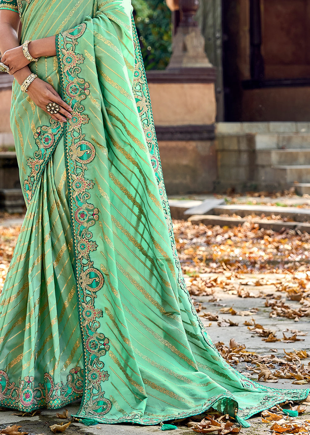 Buy MySilkLove Pista Green Woven Designer Banarasi Embroidered Silk Saree Online