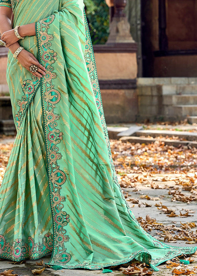 Pista Green Woven Designer Banarasi Embroidered Silk Saree