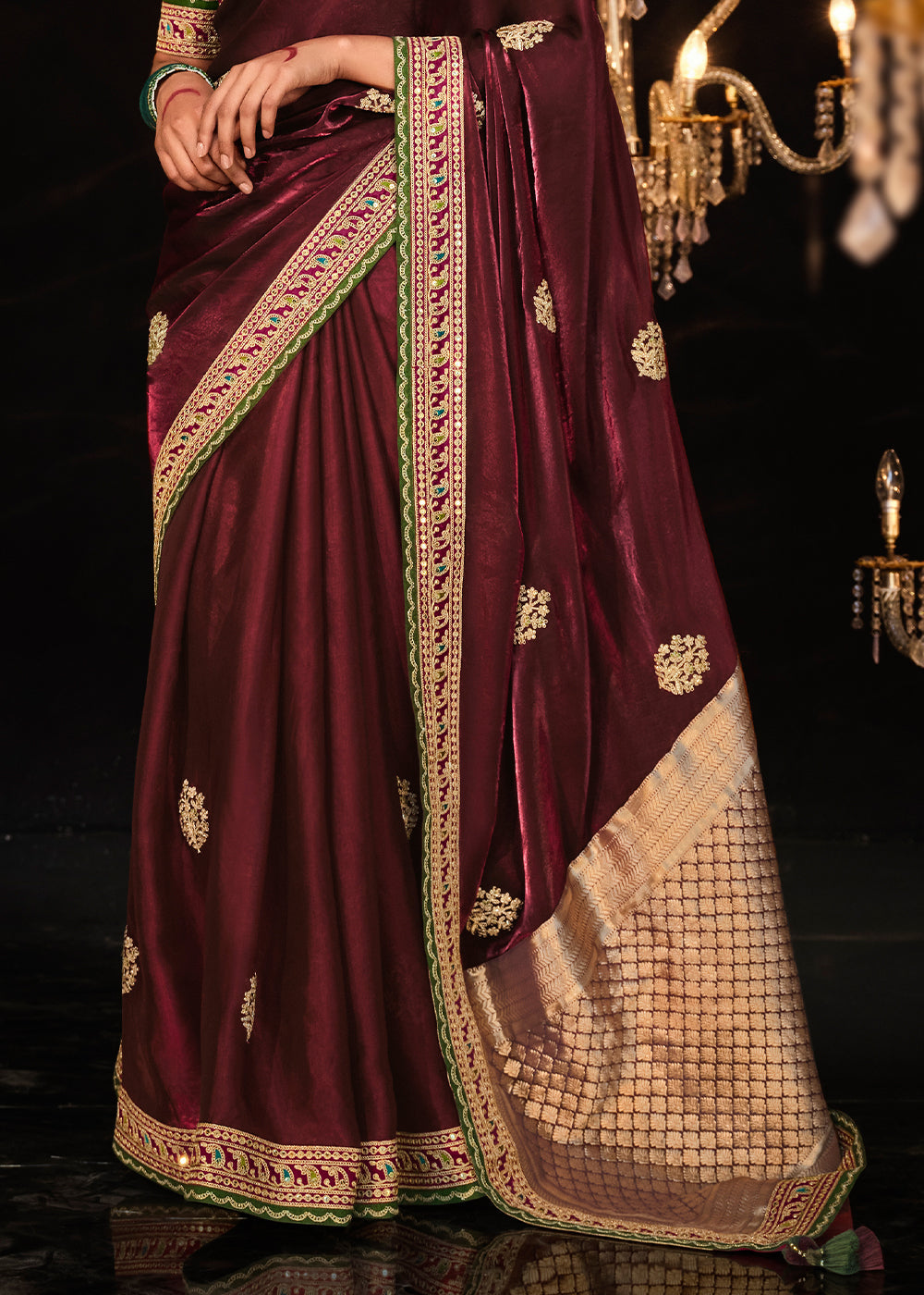 Buy MySilkLove Sanguine Brown Embroidered Designer Satin Silk Saree Online