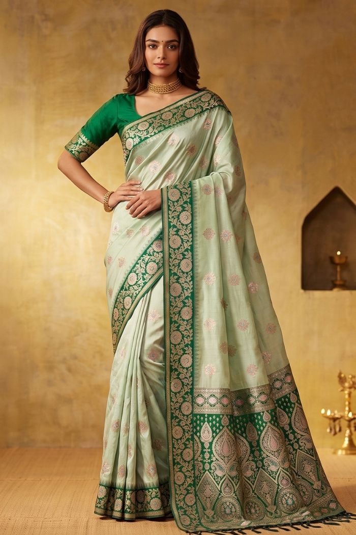 Buy MySilkLove Sage Green Woven Banarasi Saree Online