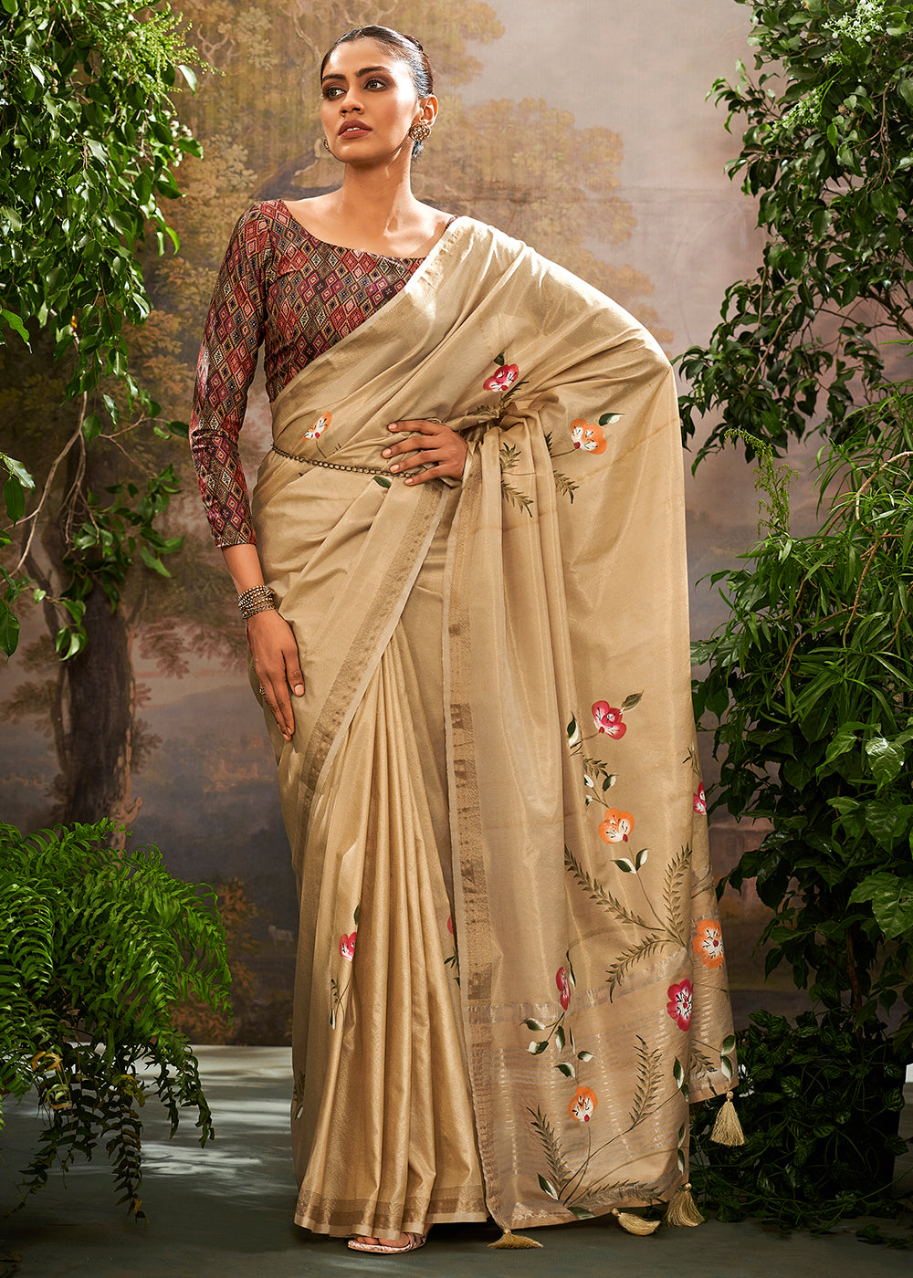 Buy MySilkLove Egg Shell Cream Hand Painted Linen Silk Saree Online