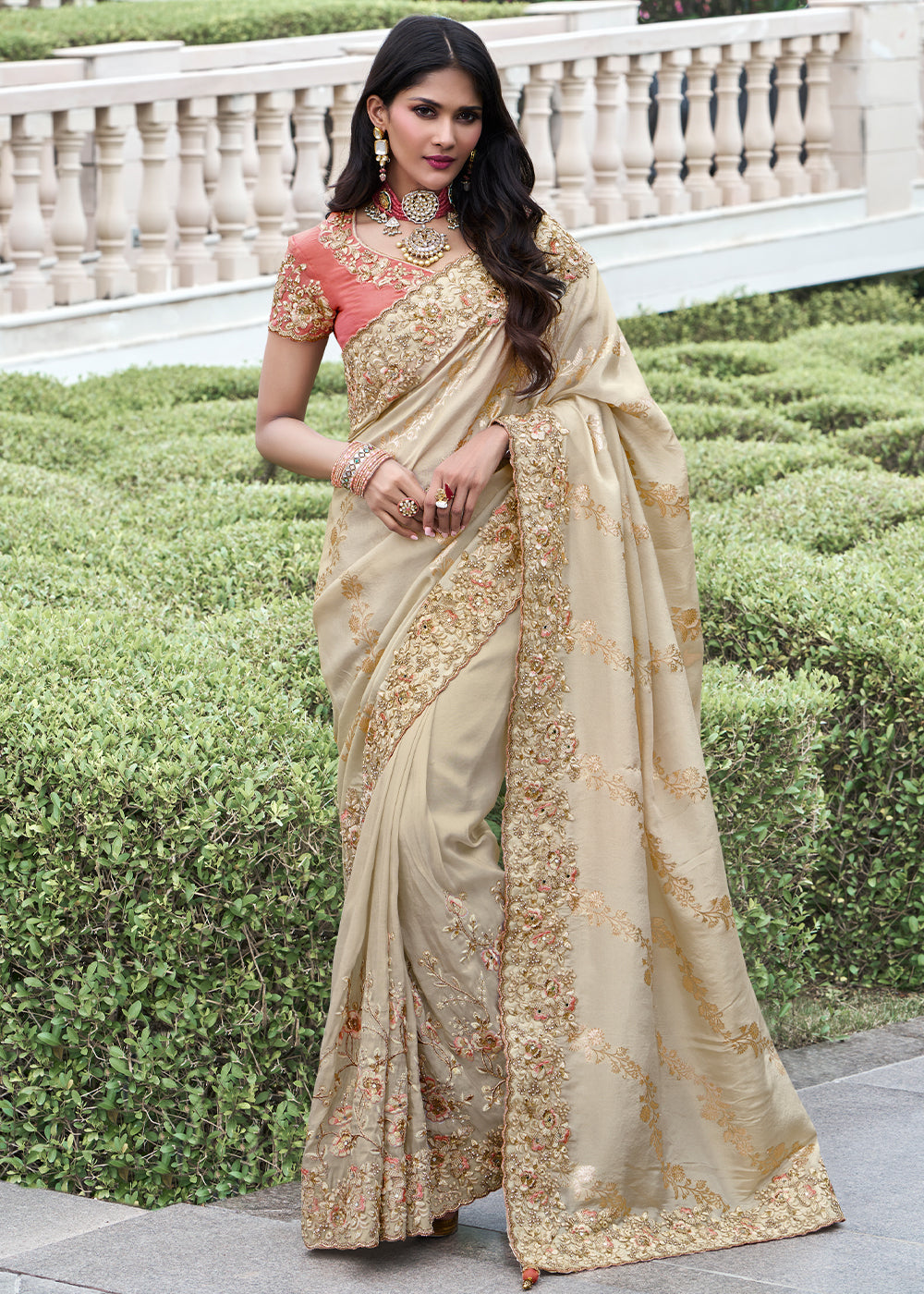 Buy MySilkLove Bone Cream Embroidered Designer Silk Saree Online