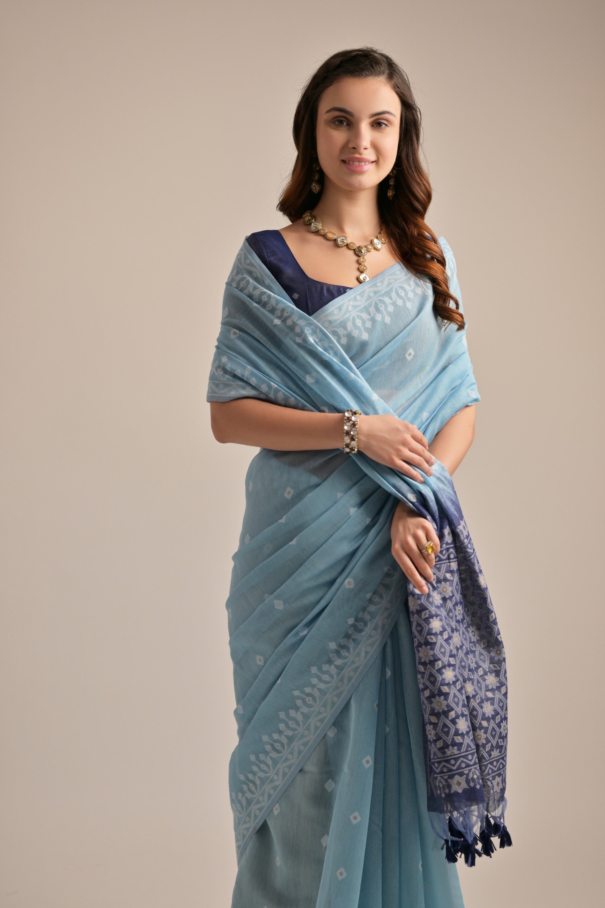 Buy MySilkLove Jungle Mist Blue Lucknowi Woven Muga Cotton Saree Online