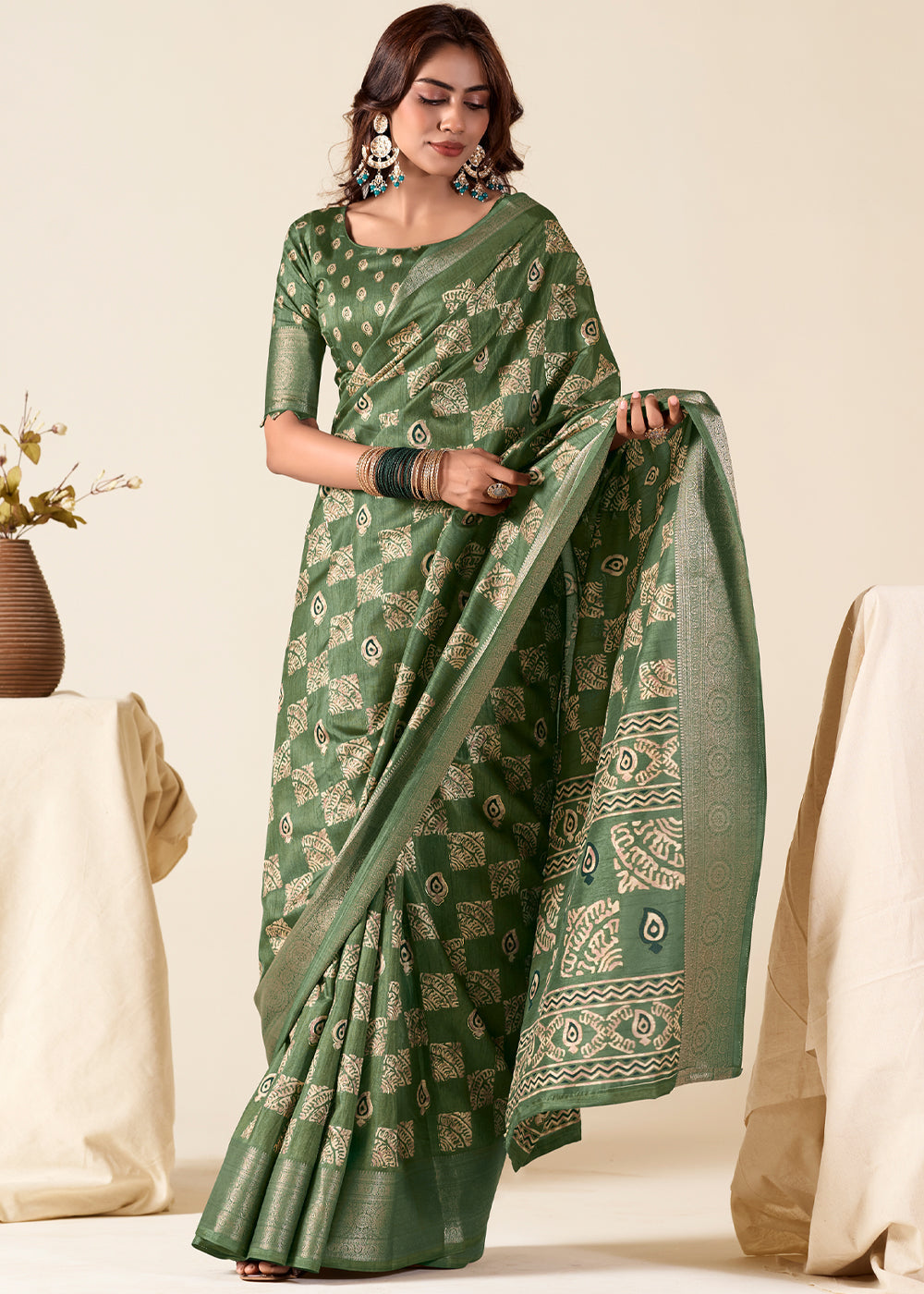 Buy MySilkLove Flax Smoke Green Banarasi Printed Soft Silk Saree Online