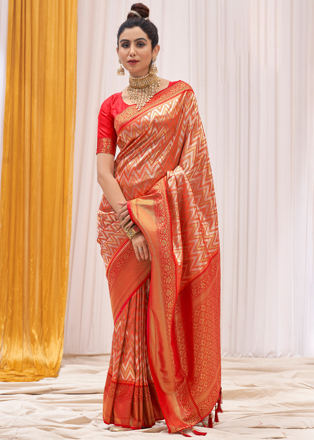 Buy MySilkLove Tan Orange Woven Kanjivaram Saree Online