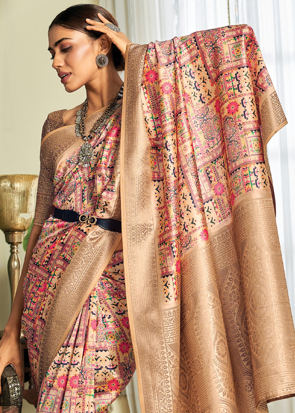 Buy MySilkLove Barley Pink and Cream Woven Banarasi Satin Silk Saree Online