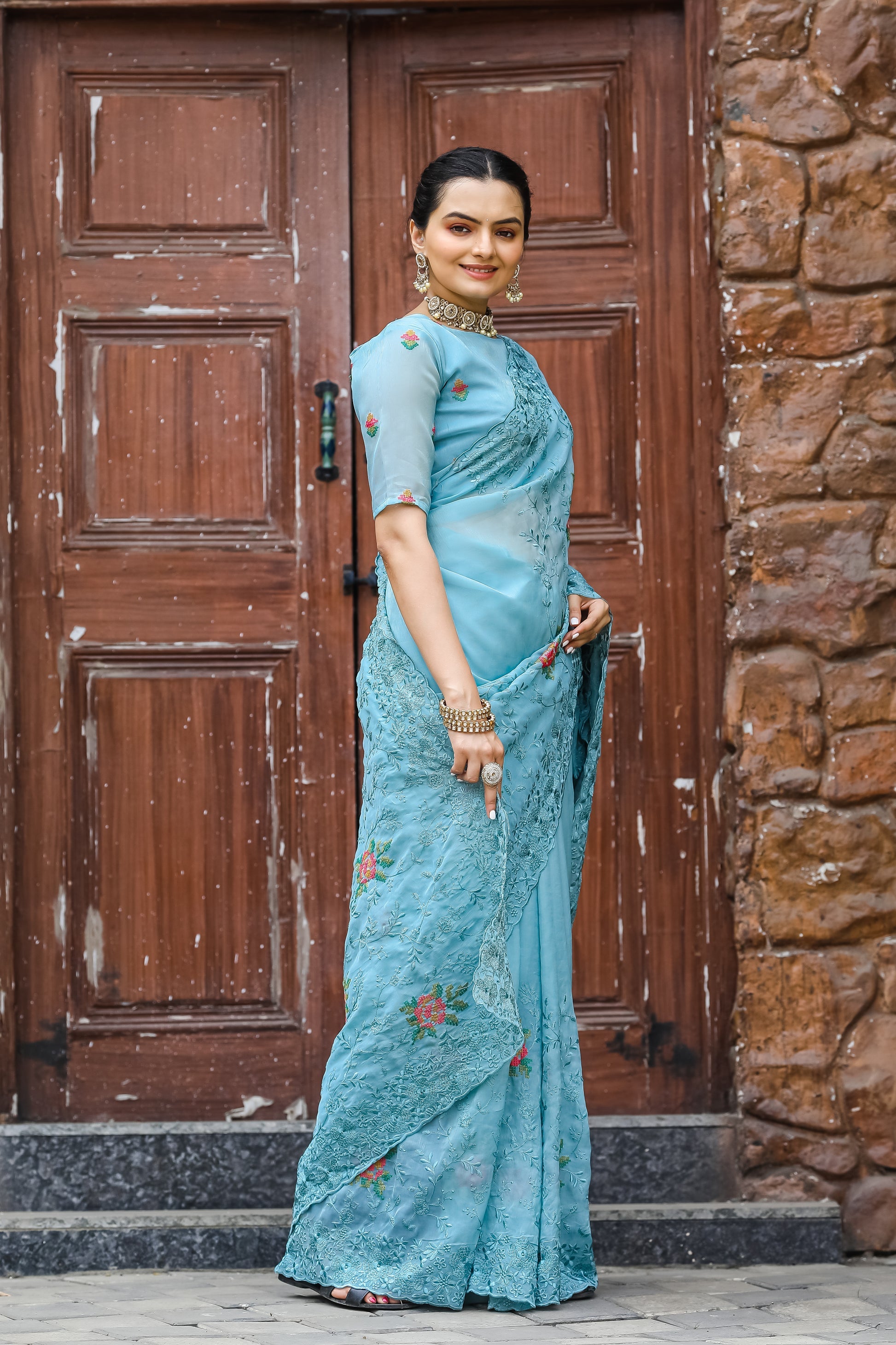 Buy MySilkLove Rainy Blue Embroidered Chiffon Silk Saree Online