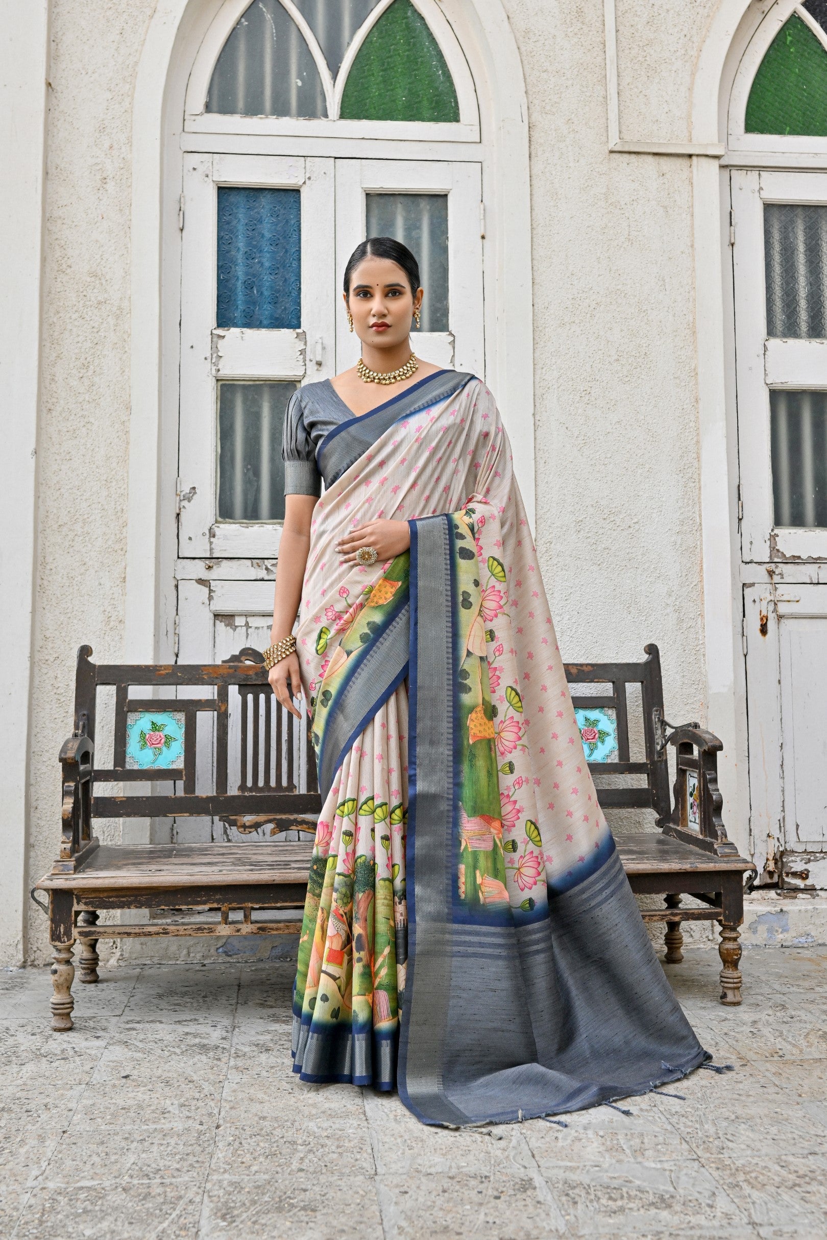 Buy MySilkLove Tide White and Blue Tussar Printed Silk Saree Online