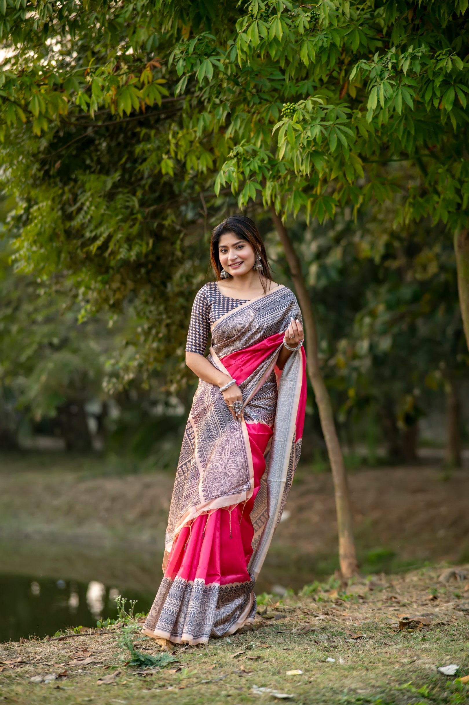 Buy MySilkLove Radical Pink Madhubani Printed Silk Saree Online