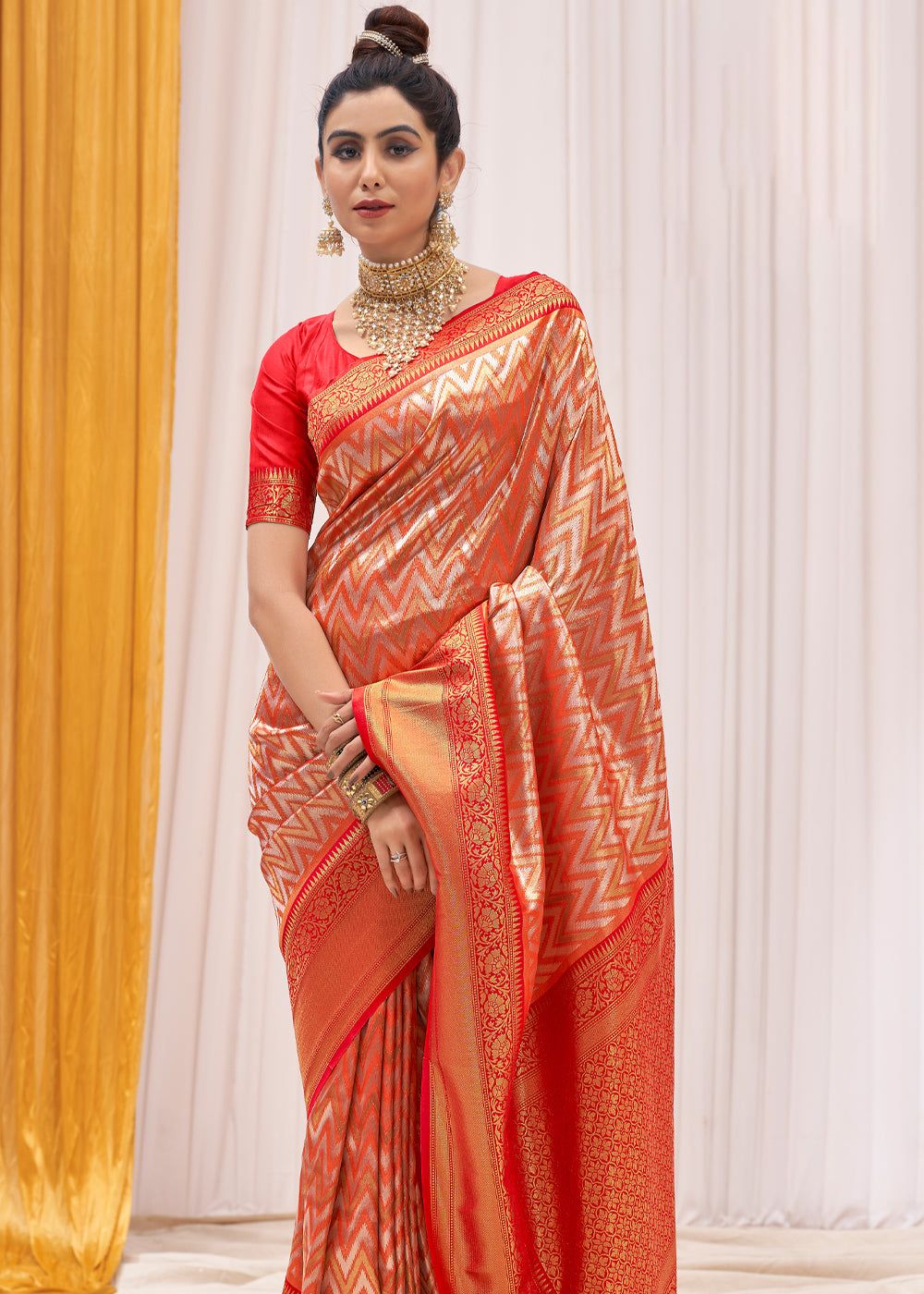 Buy MySilkLove Tan Orange Woven Kanjivaram Saree Online