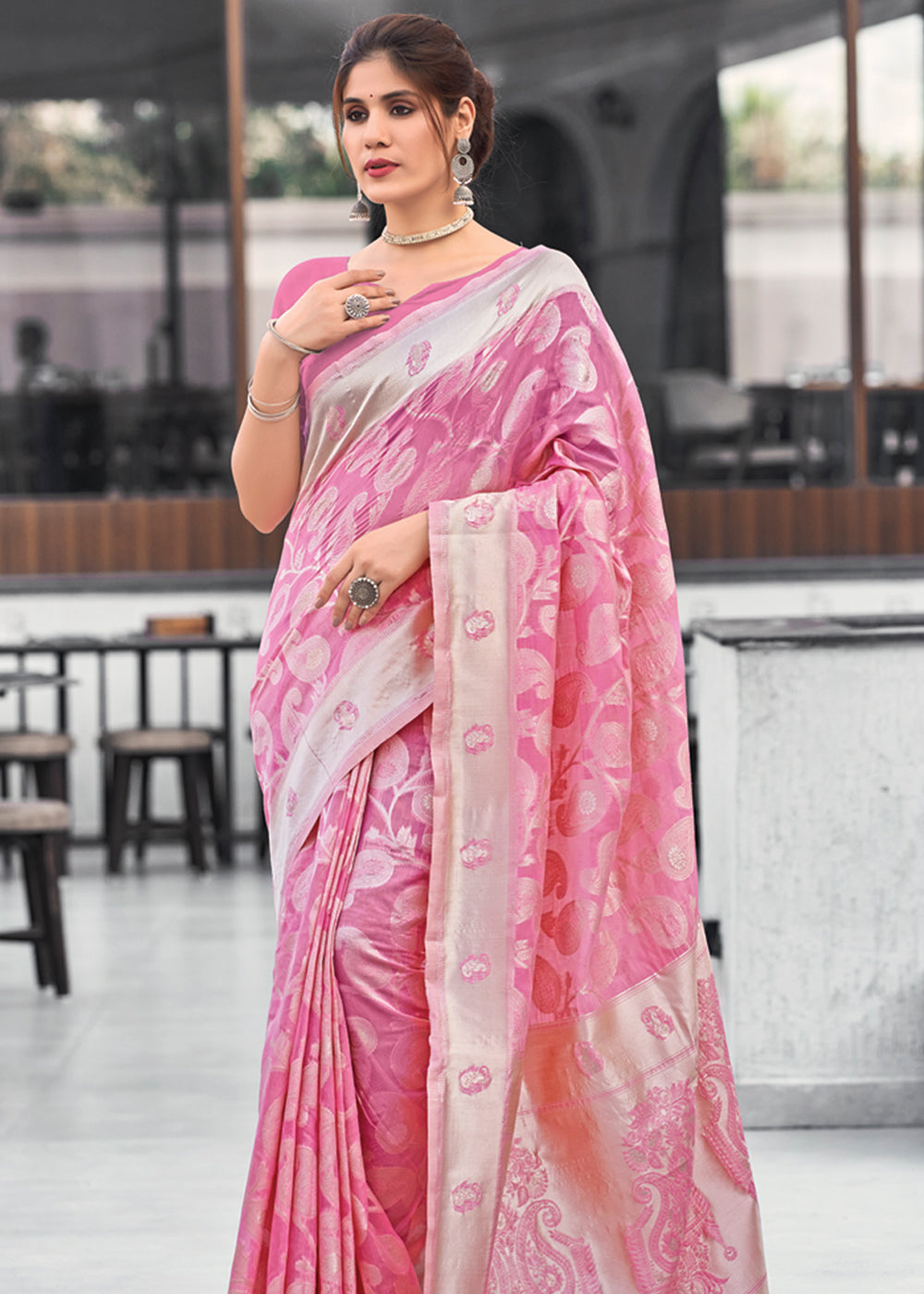 Buy MySilkLove French Pink Lucknowi Linen Cotton Saree Online