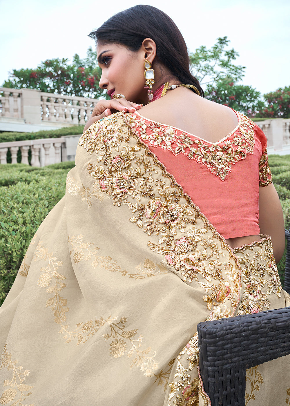 Buy MySilkLove Bone Cream Embroidered Designer Silk Saree Online