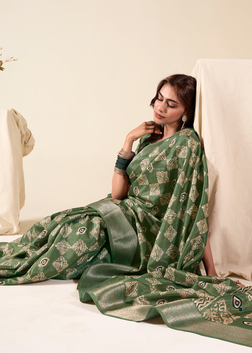 Buy MySilkLove Flax Smoke Green Banarasi Printed Soft Silk Saree Online