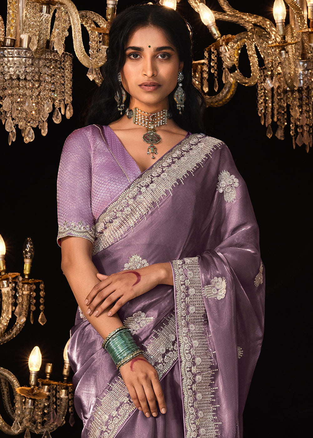 Buy MySilkLove Bouquet Purple Embroidered Designer Satin Silk Saree Online