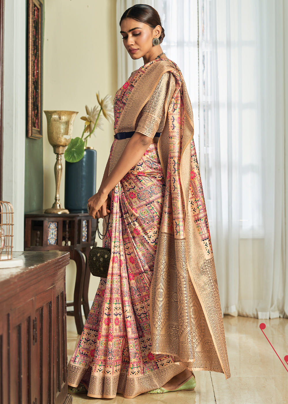 Buy MySilkLove Barley Pink and Cream Woven Banarasi Satin Silk Saree Online