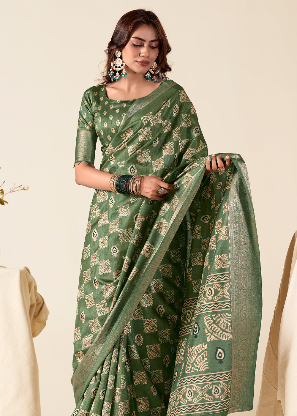 Buy MySilkLove Flax Smoke Green Banarasi Printed Soft Silk Saree Online