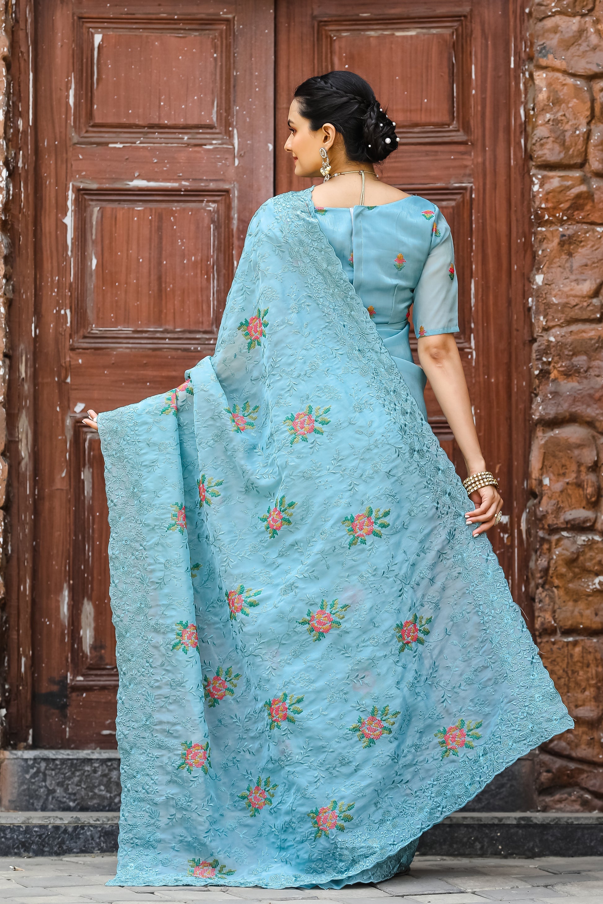 Buy MySilkLove Rainy Blue Embroidered Chiffon Silk Saree Online