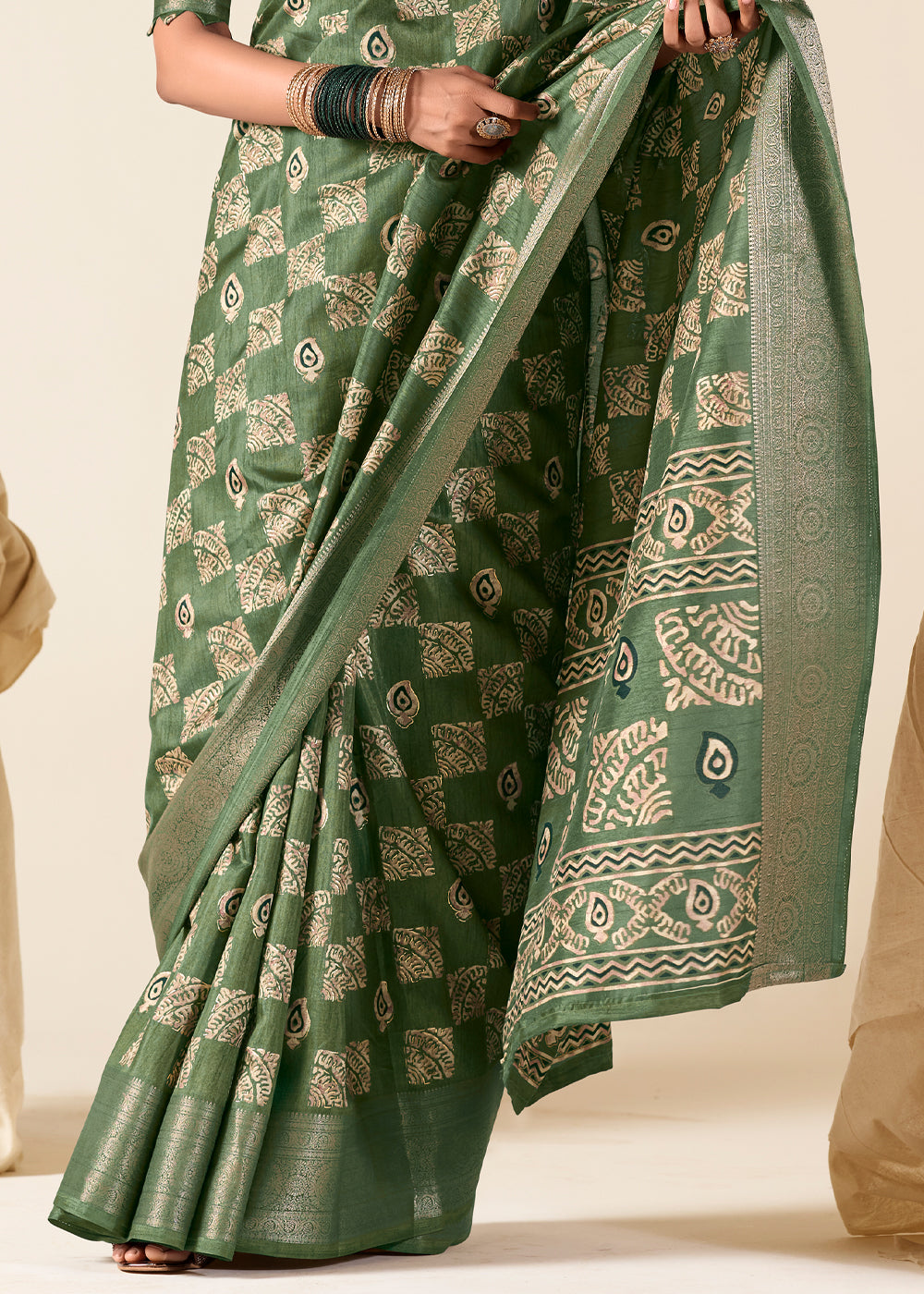 Buy MySilkLove Flax Smoke Green Banarasi Printed Soft Silk Saree Online