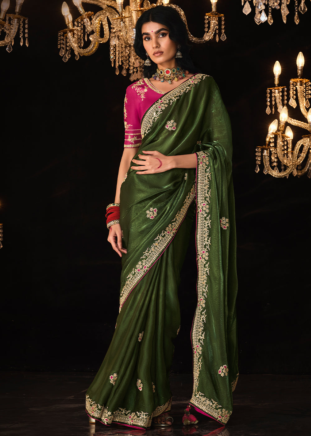 Buy MySilkLove Verdigris Green Embroidered Designer Satin Silk Saree Online