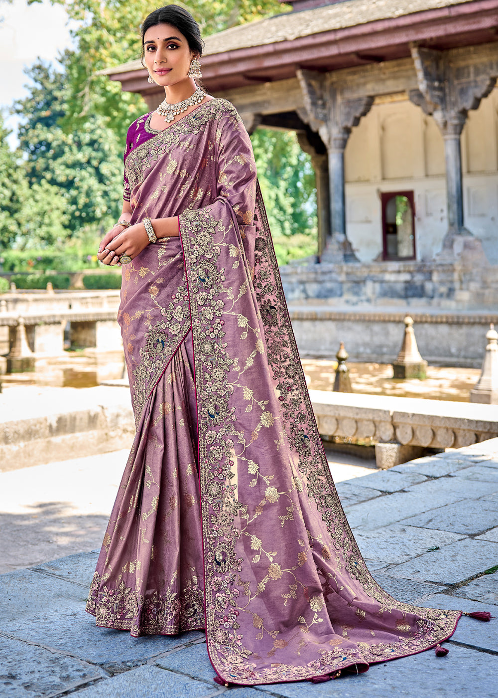 Buy MySilkLove Lilac Purple Woven Designer Banarasi Embroidered Silk Saree Online