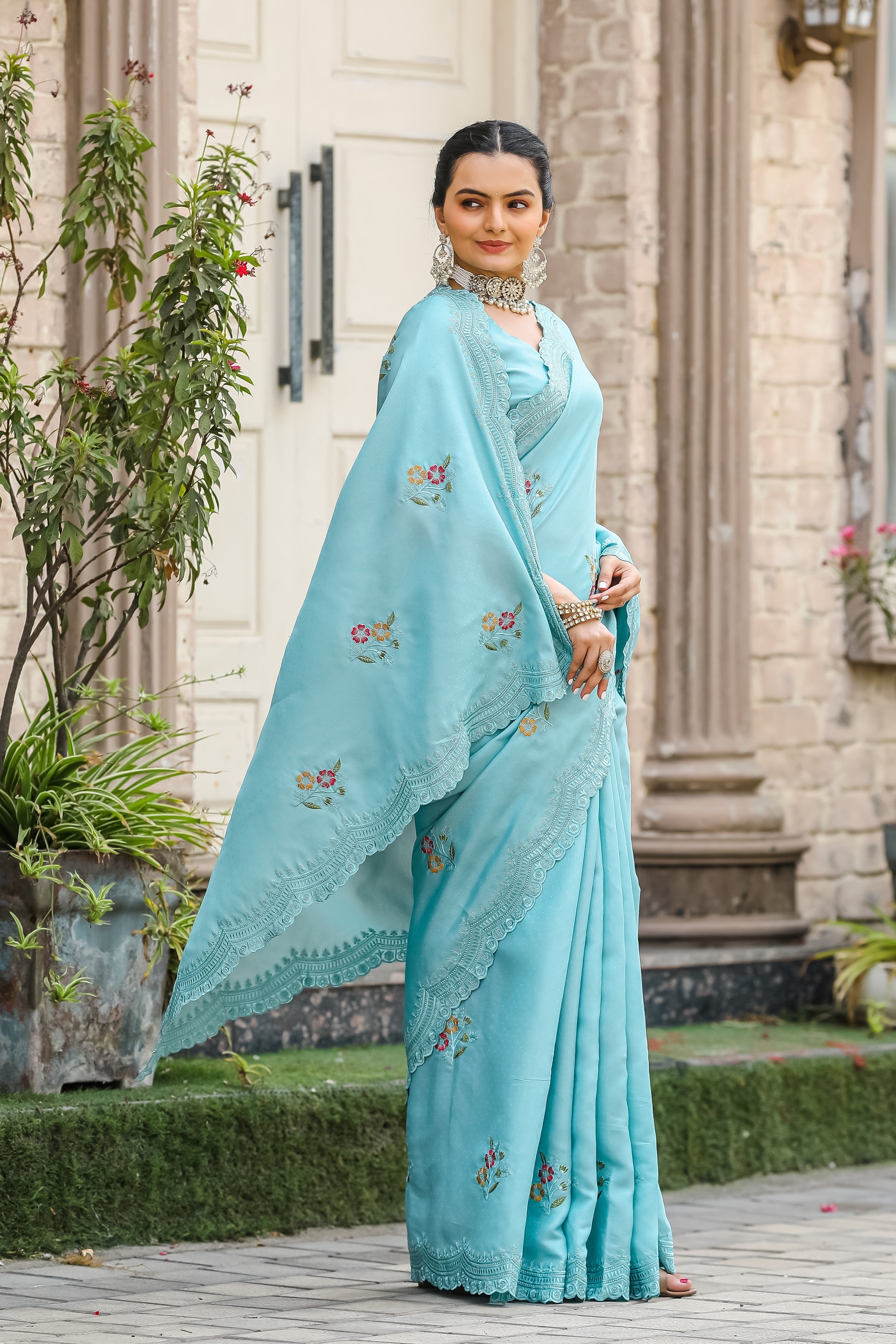 Buy MySilkLove River Blue Embroidery Tussar Cotton Saree Online