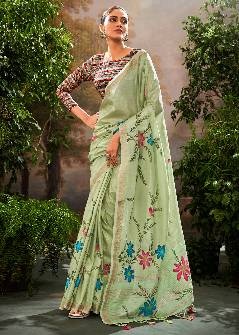 Buy MySilkLove Tea Green Hand Painted Linen Silk Saree Online