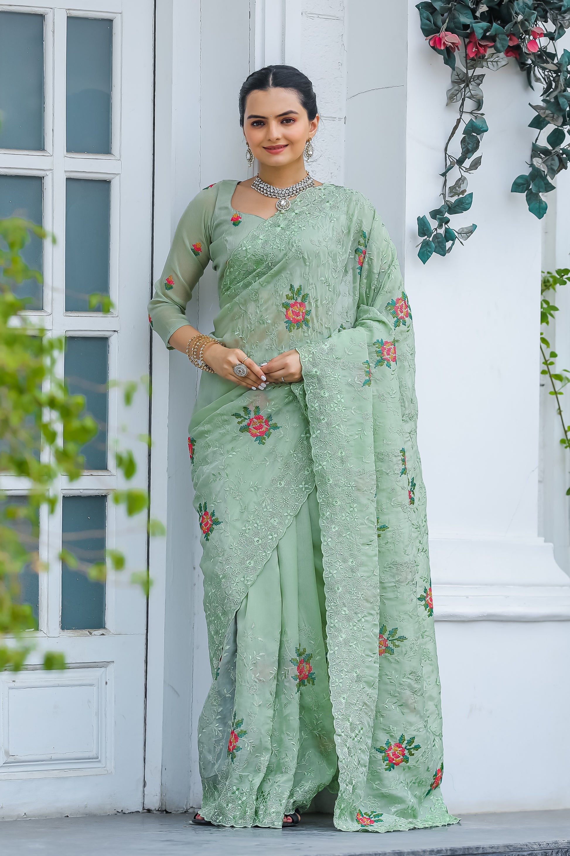 Buy MySilkLove Pastel Green Embroidered Chiffon Silk Saree Online