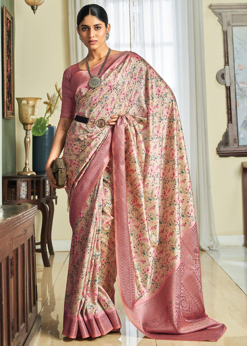 Buy MySilkLove Tonys Pink Woven Banarasi Satin Silk Saree Online