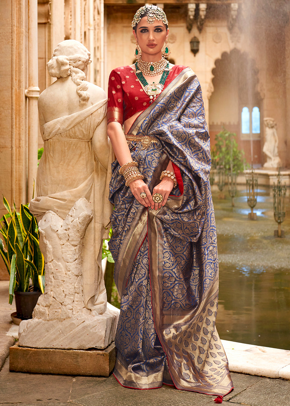 Buy MySilkLove Mulled Wine Blue Zari Woven Banarasi Saree Online